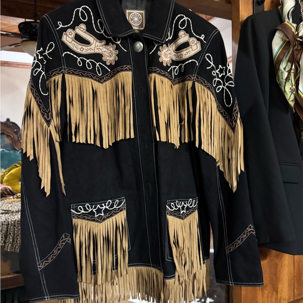 Double D Ranch Black and Tan Leather Jacket with Fringe